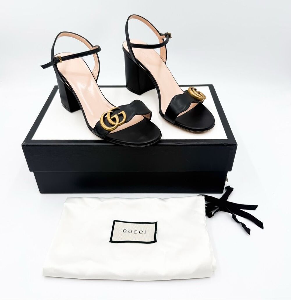 Gucci GG Marmont Lifford Block Heels Sandals Black Leather 37.5, 7.5